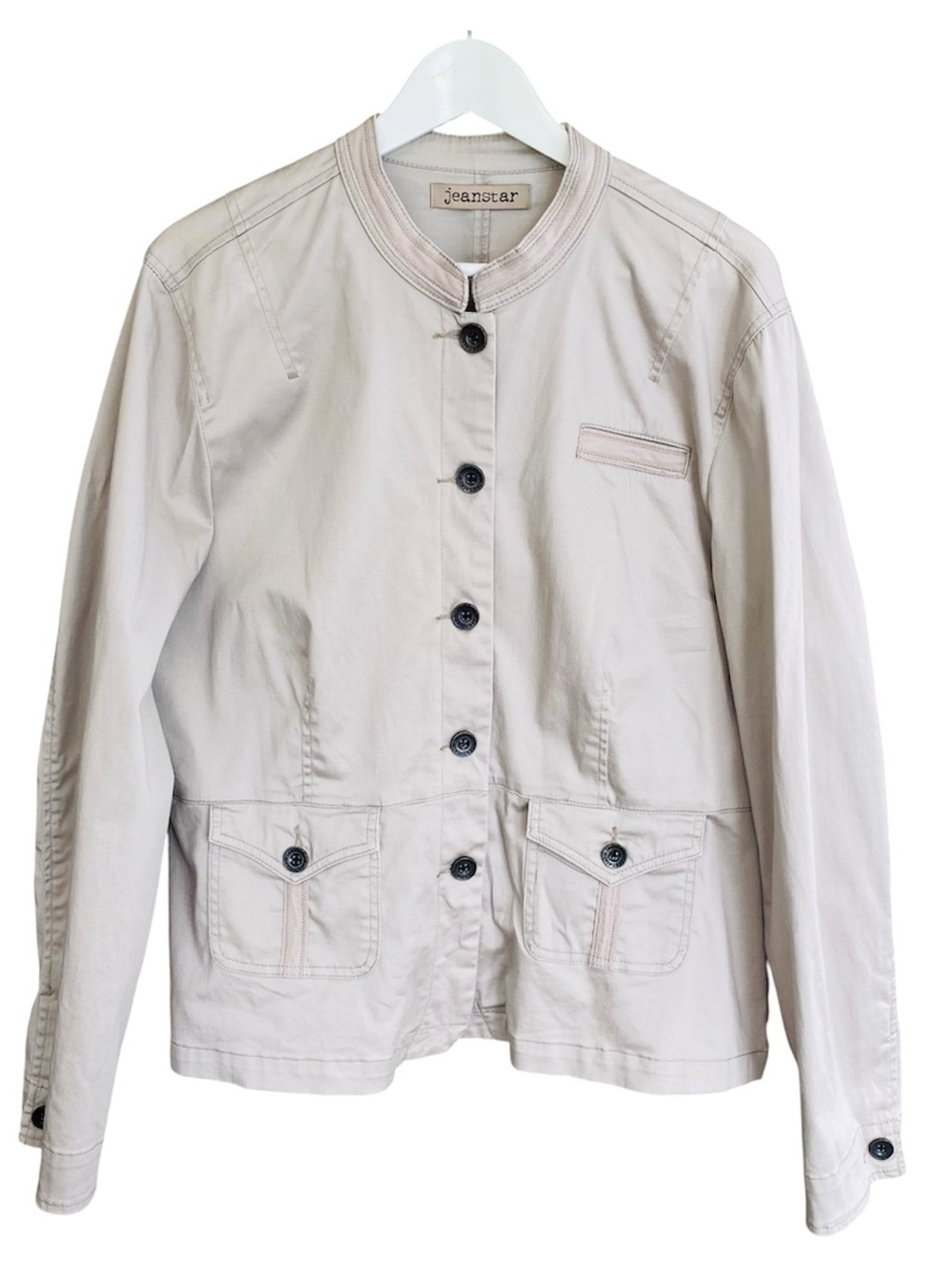 JEANSTAR Utility Jacket Button Up Back Ruffle Pockets Light Beige Women Size XL